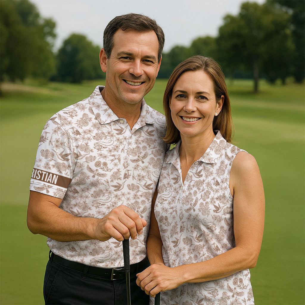 Custom Name Toile de Jouy Birds And Flowers Brown Golf Shirt, Polo Shirts For Men, Golf Gift For Men