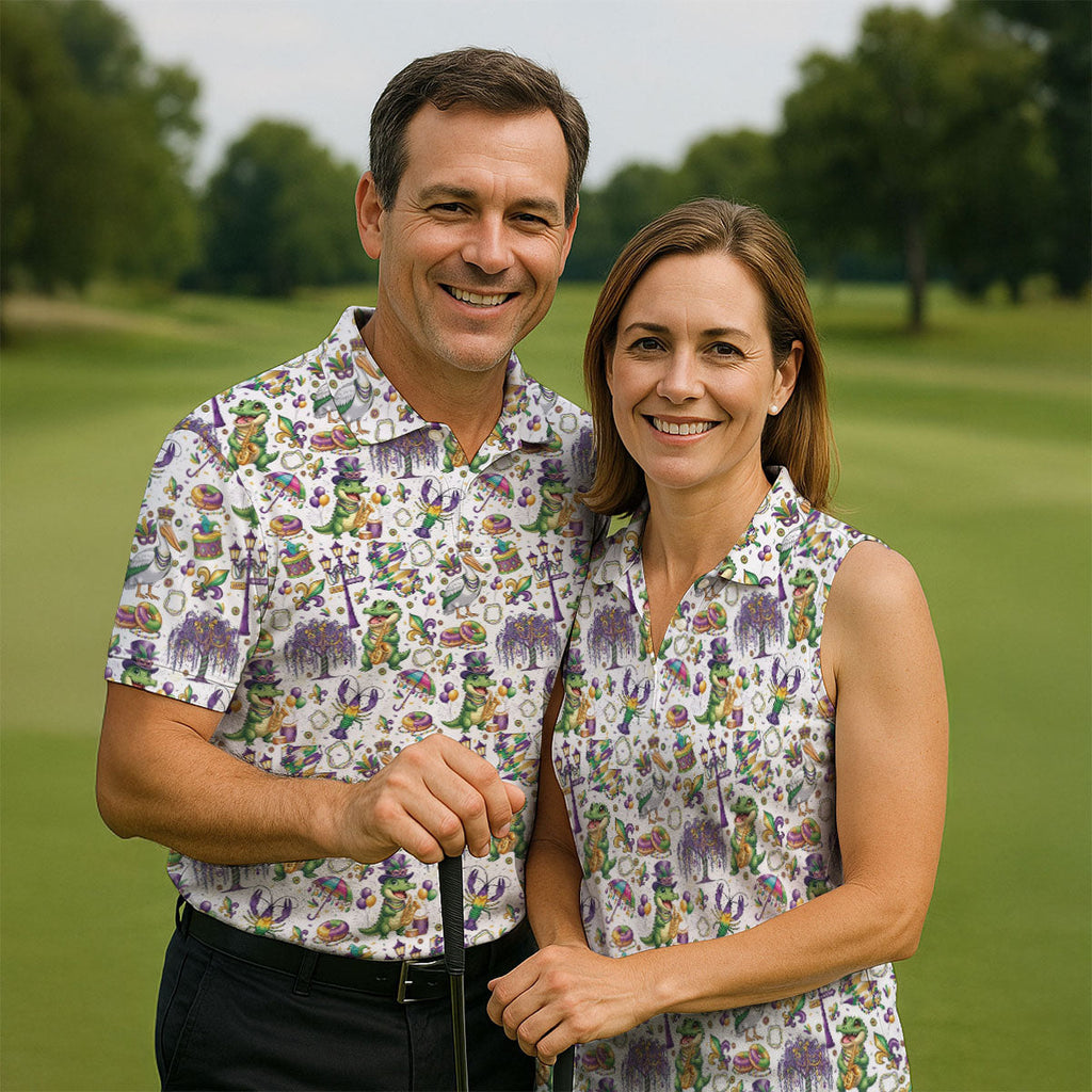 Mardi Gras Fleur De Lis Animal Band White Golf Shirt, Golf Tops For Men, Polo Shirts For Men