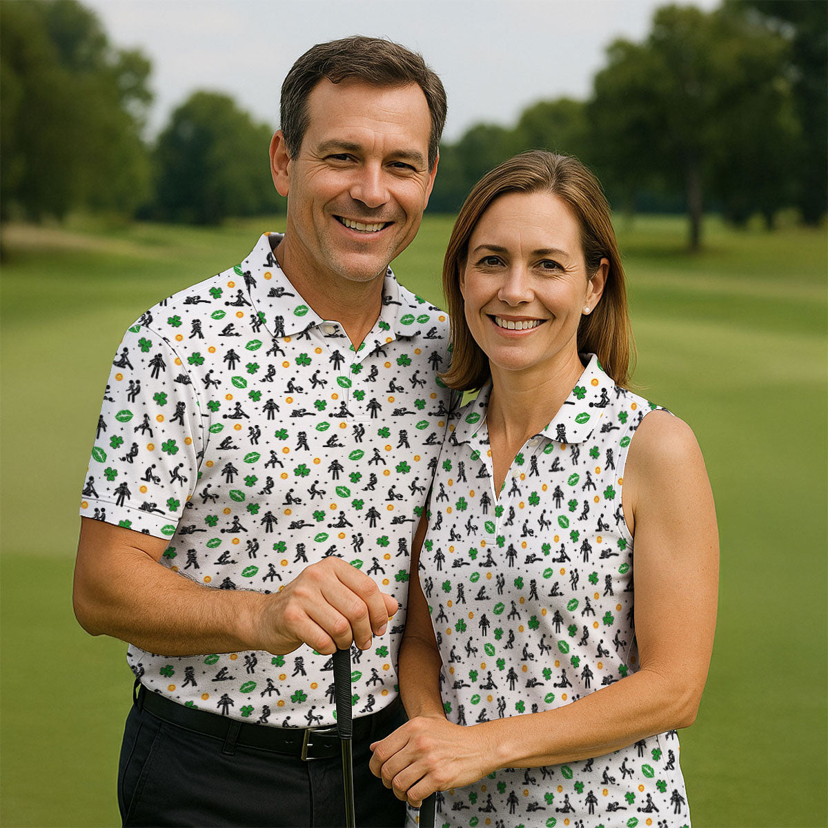 Funny Stick Figure Naughty Position Shamrock St Patrick's Day Golf Shirt, Performance Golf Shirt, Polo Shirts For Men