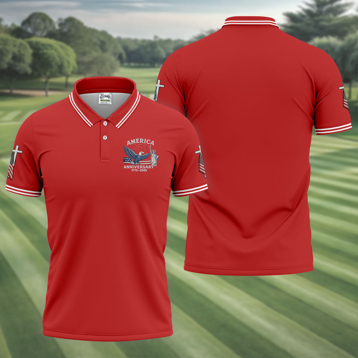 Faith Cross Bald Eagle America 250 Anniversary Red Patriotic Golf Shirt, Golf Shirts For Men