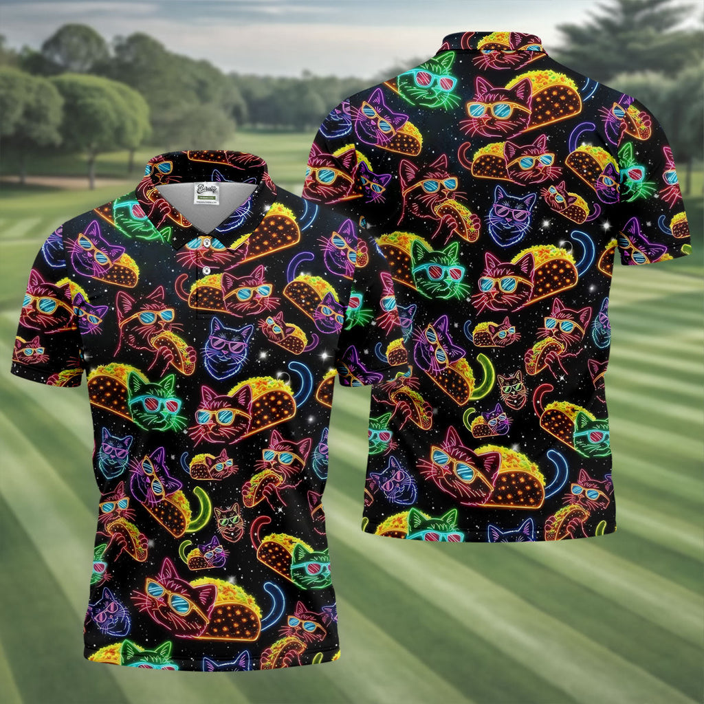 Neon Cat Taco Fiesta Time Hawaiian Golf Shirt, Cinco De Mayo Celebration Golf Shirts For Men
