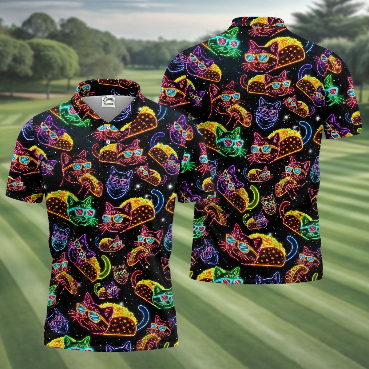 Neon Cat Taco Fiesta Time Hawaiian Golf Shirt, Cinco De Mayo Celebration Golf Shirts For Men