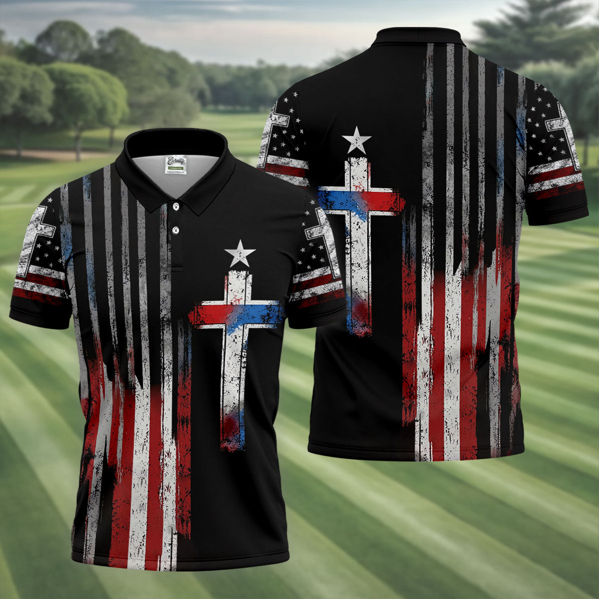 Faith Cross US Flag Golf Shirt, 250 Years Retro Golf Shirt, Patriotic 4th Of July Polo Shirts For Men