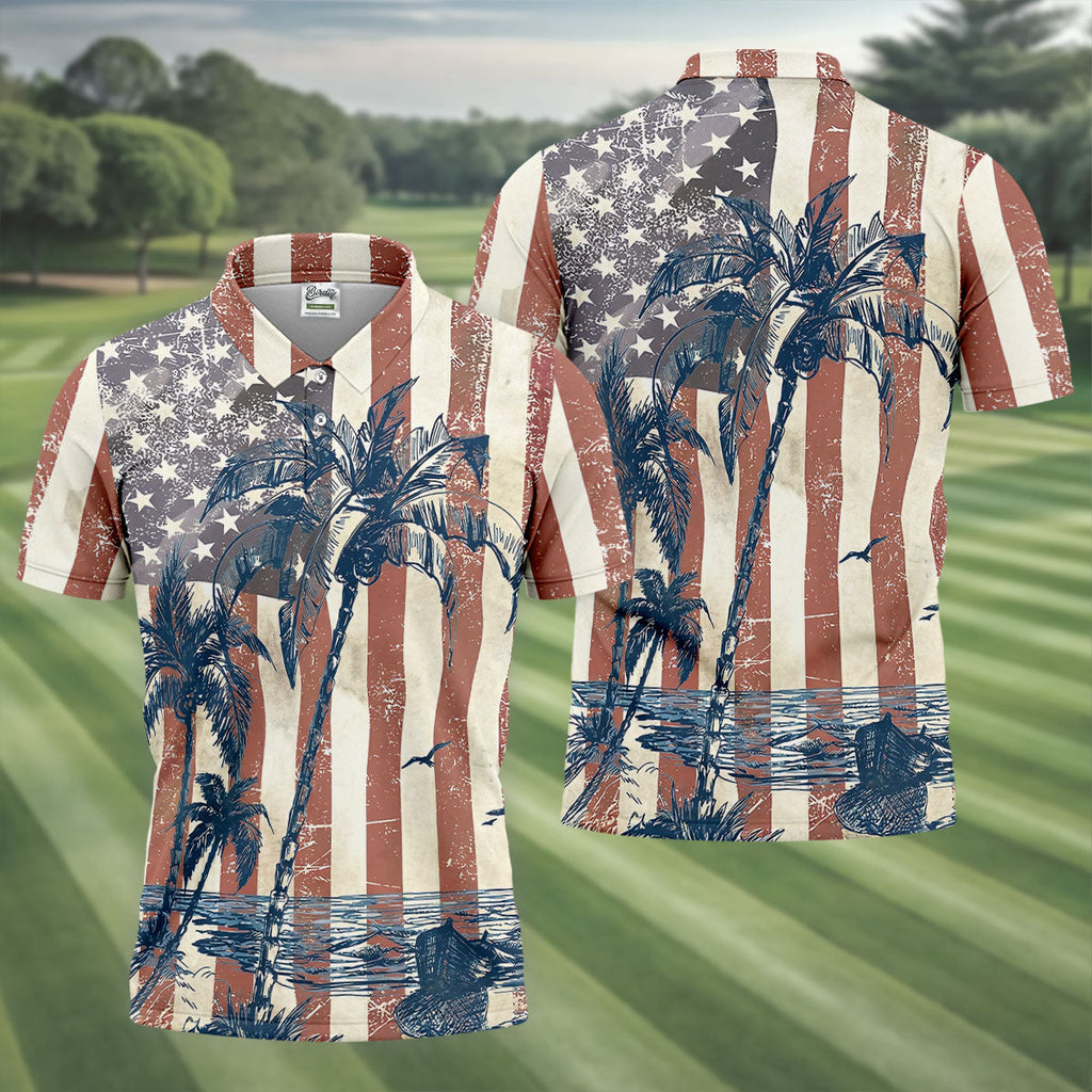 Hawaiian Theme Distressed US Flag Patriotic Golf Shirt, 250 Years 4th Of July Golf Shirts For Men