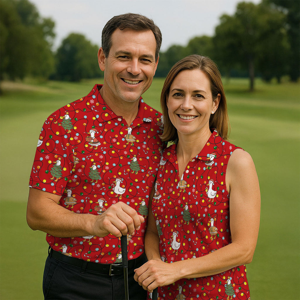 Funny Duck Merry Xmas Red Golf Shirts, Gifts For Golf Lovers, Polo Shirts For Men, Golfing Apparel