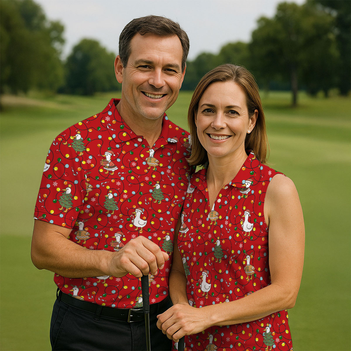 Funny Duck Merry Xmas Red Golf Shirts, Gifts For Golf Lovers, Polo Shirts For Men, Golfing Apparel