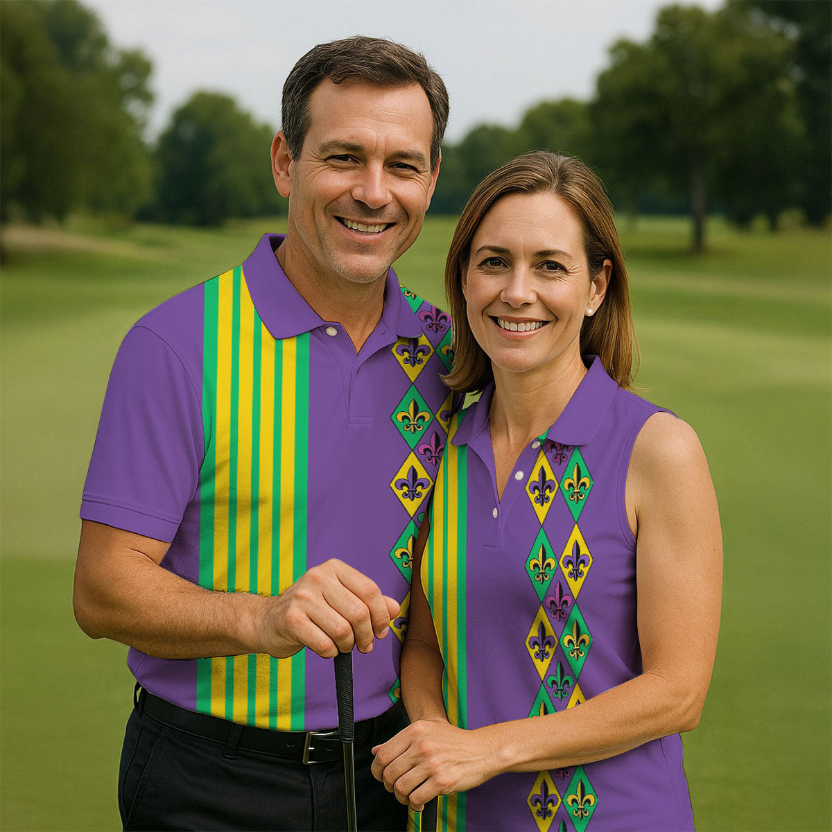 Fleur De Lis Argyle Pattern Purple Green Gold Stripes Golf Tops For Men, Polo Shirts For Men, Golf Shirts For Men