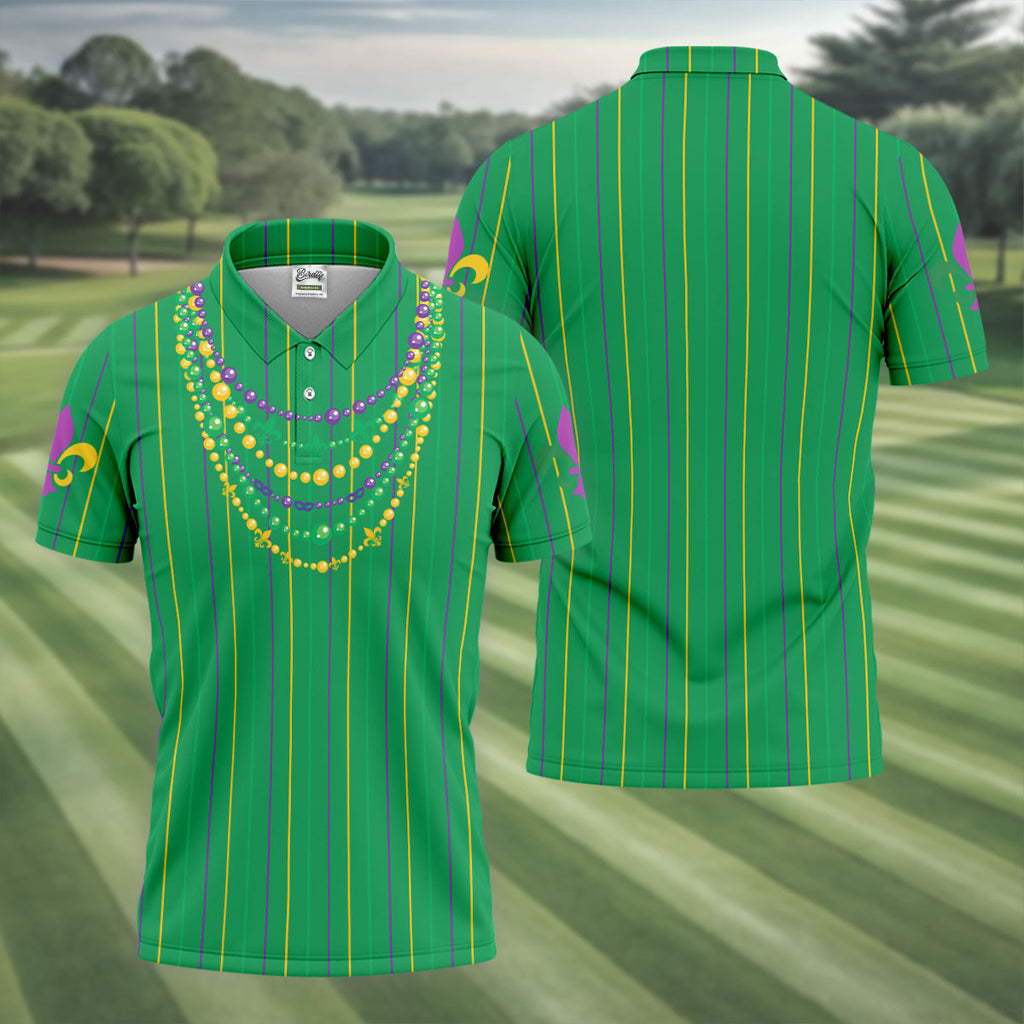 Mardi Gras Beads Necklaces Print Green Golf Shirt, Golf Tops For Men, Polo Shirts For Men, Golf Shirts For Men