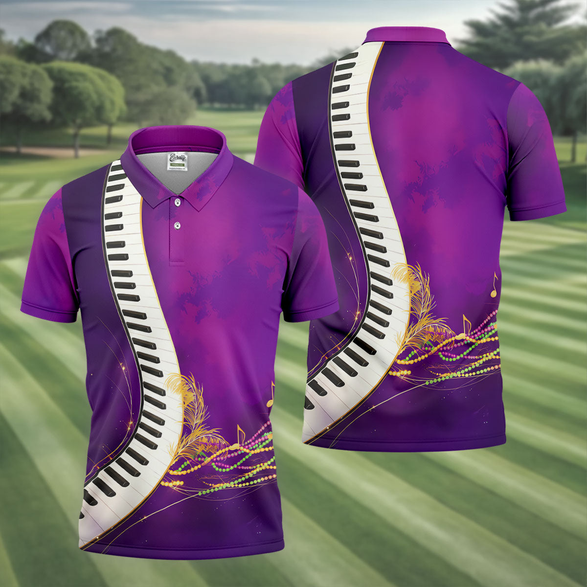 Mardi Gras Feather Beads Piano Keyboard Print Purple Golf Shirt, Polo Shirts For Men, Golf Shirts For Men