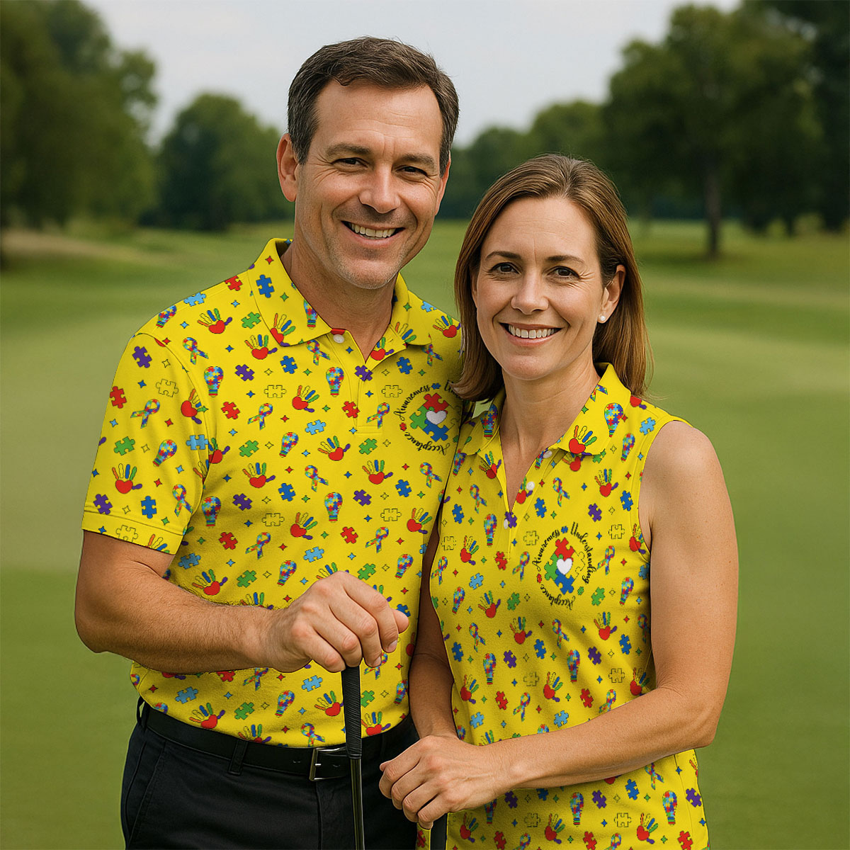 Awareness Understanding Acceptance Autism Ribbon Yellow Golf Shirt, Autism Awareness Colors Women's Golf Tops