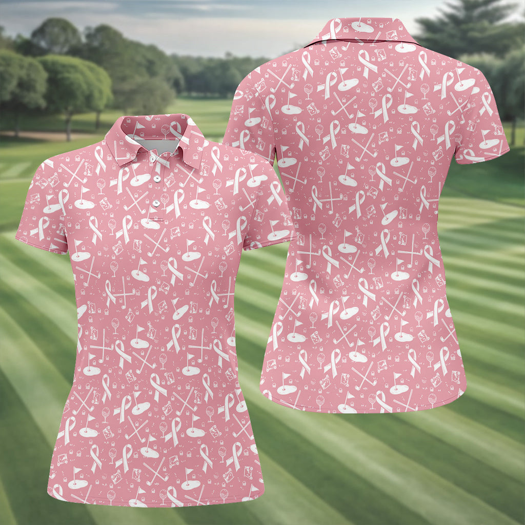 Awareness Ribbon Light Pink And White Golf Shirt, Cancer Awareness Shirt, Ladies Golf Shirts