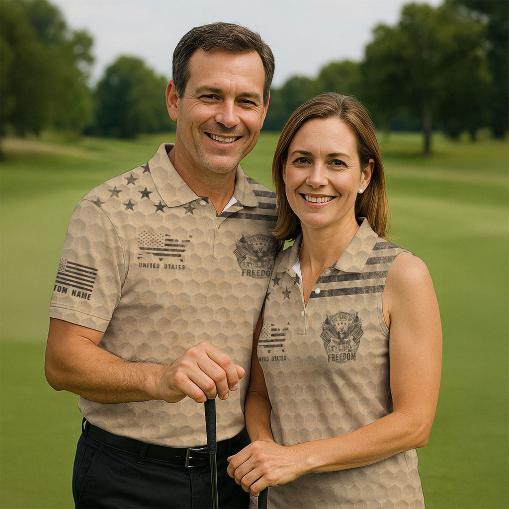 250 Years Of Freedom Distressed Golf Ball Pattern Patriotic Golf Shirt, 4th Of July Golf Shirts For Men