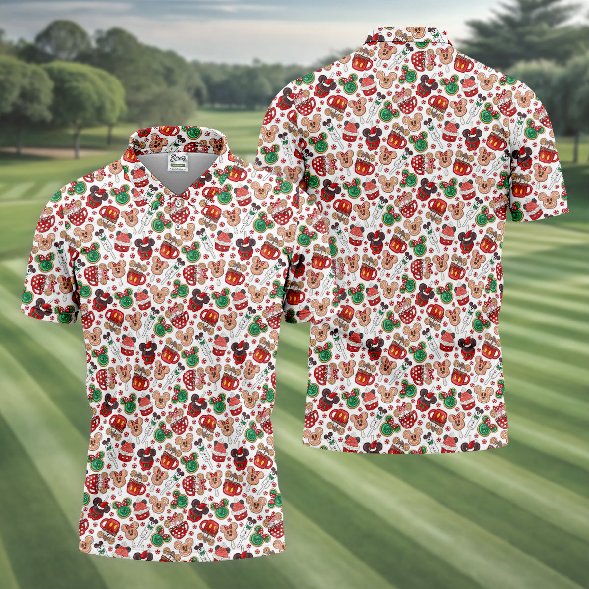 Cute Christmas Dessert Pattern Golf Tops For Men, Cartoon Character Polo Shirts For Men, Christmas Golf Shirt