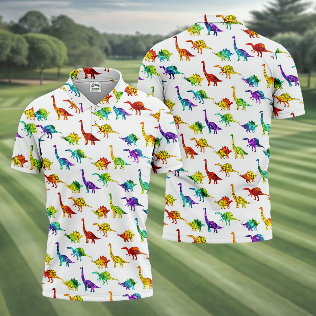 Colorful Dinosaur White Golf Shirt, Golf Tops For Men, Golf Shirts For Men, Polo Shirts For Men