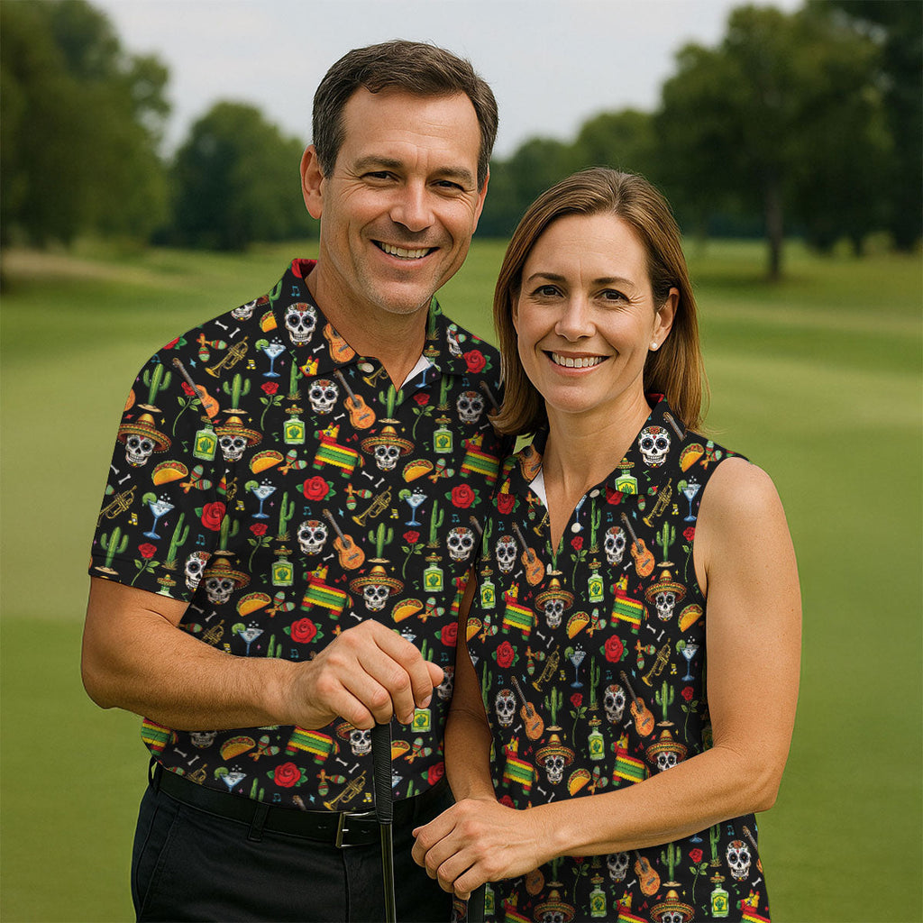 Decorated Skulls Party Items Cinco De Mayo Celebration Fiesta Themed Black Golf Shirts For Men