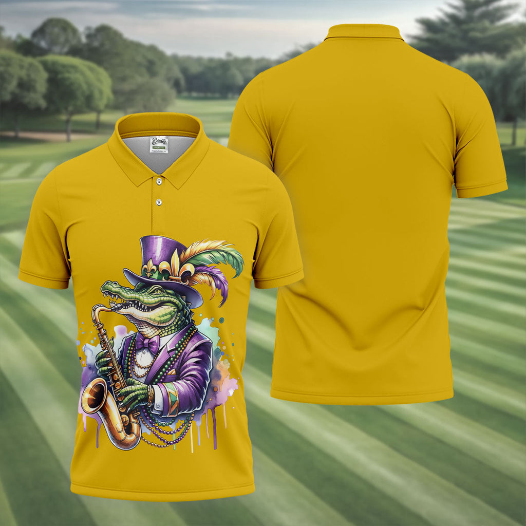 Mardi Gras Alligator Playing Saxophone Yellow Golf Shirt, Golf Shirts For Men, Polo Shirts For Men