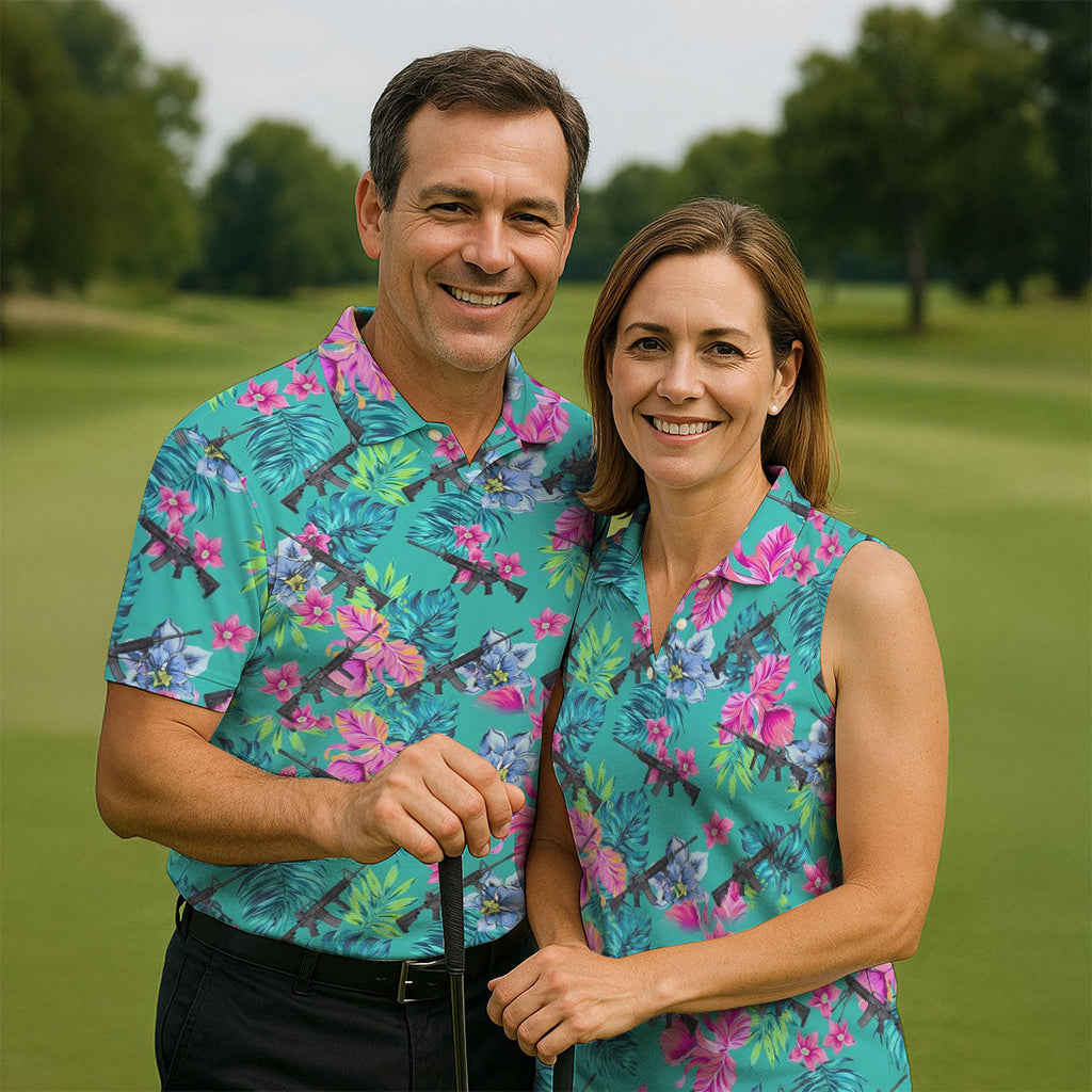 Hawaiian Floral With Army Theme Golf Shirts For Men, Polo Shirts For Men, Golfing Apparel