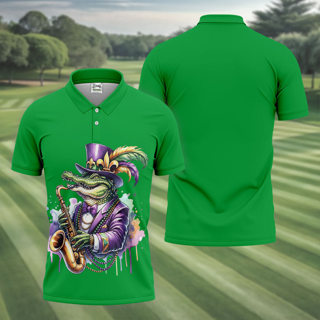 Mardi Gras Alligator Playing Saxophone Green Golf Shirt, Golf Shirts For Men, Polo Shirts For Men