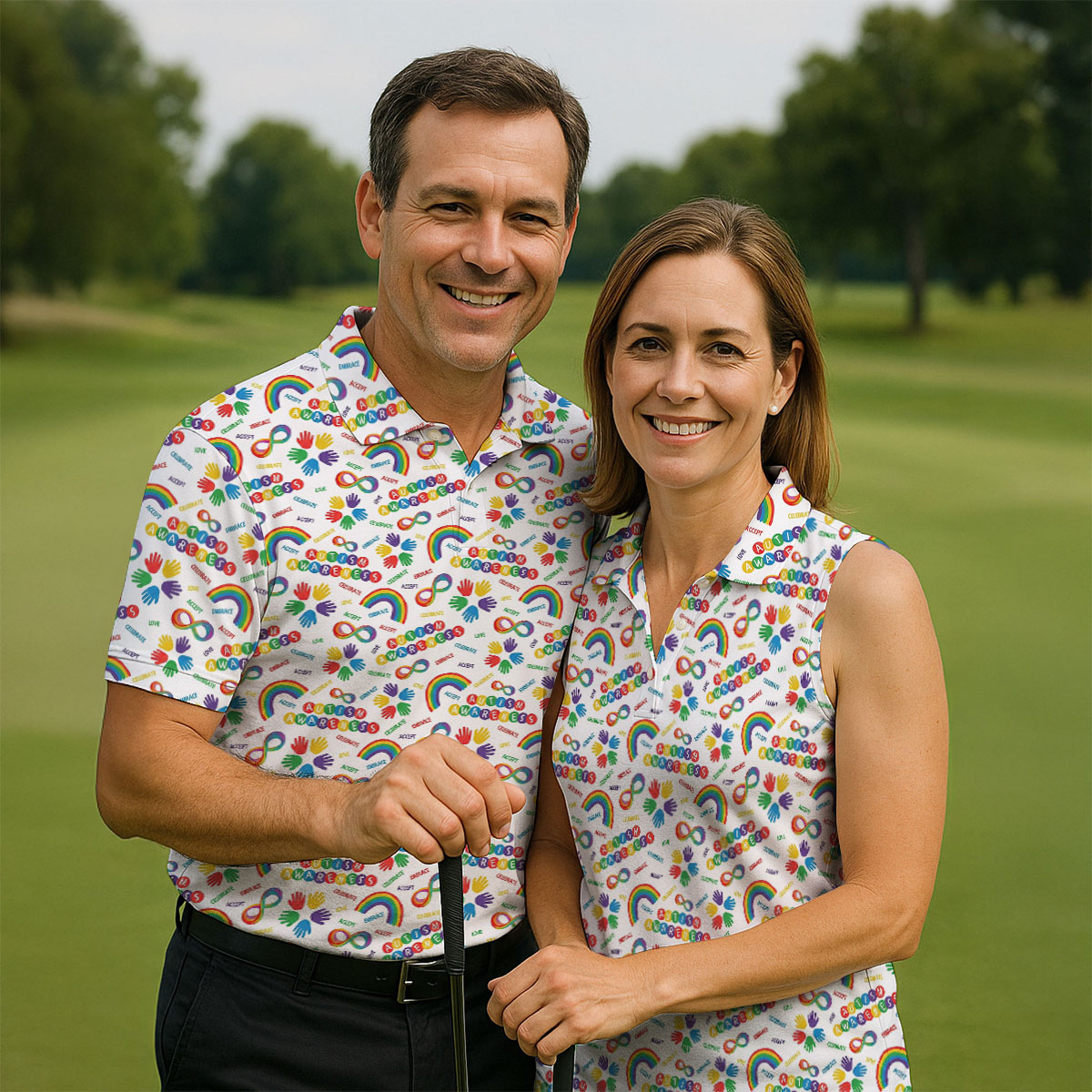 Autism Awareness Rainbow Pattern Colorful Handprints White Golf Shirt, Polo Shirts For Men