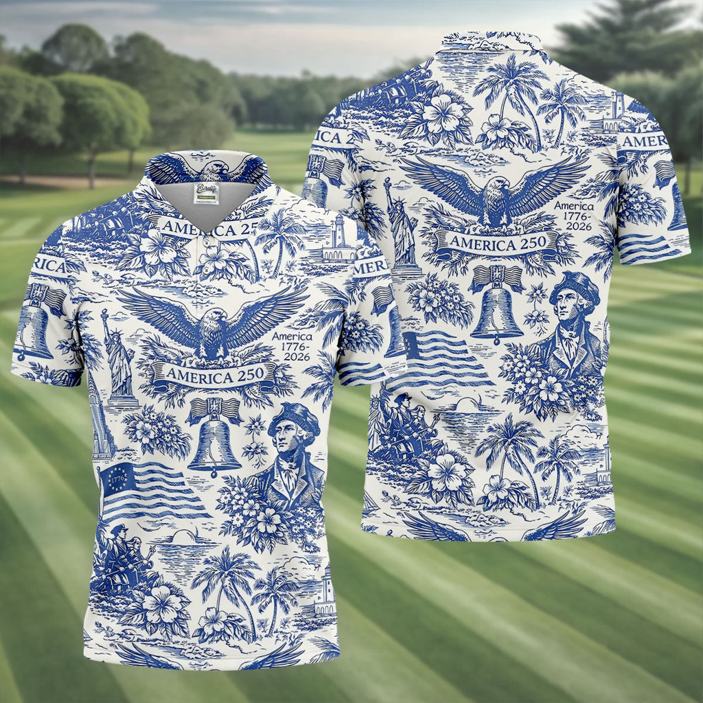 250th Anniversary Toile De Jouy American Symbols Vintage Golf Shirt, Patriotic 4th Of July Golf Shirts For Men