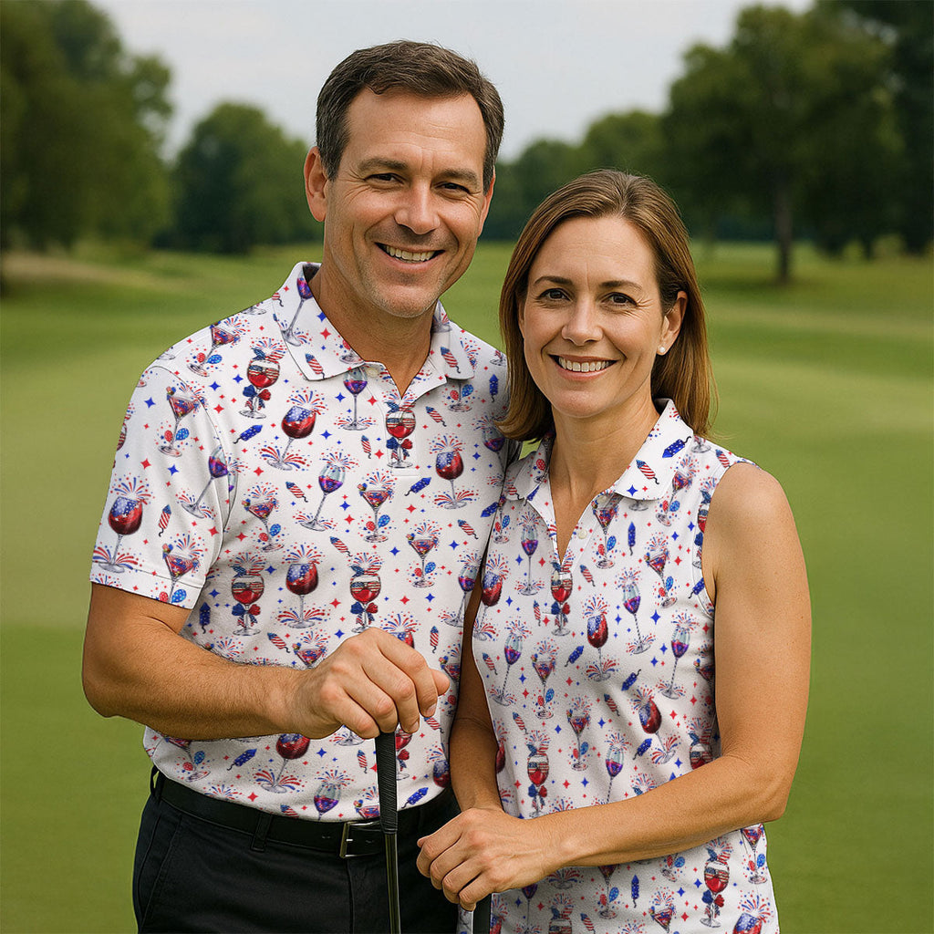 Wine And Martini American Flag Pattern Patriotic 4th Of July White Golf Shirt, 250th Anniversary Golf Shirts For Men