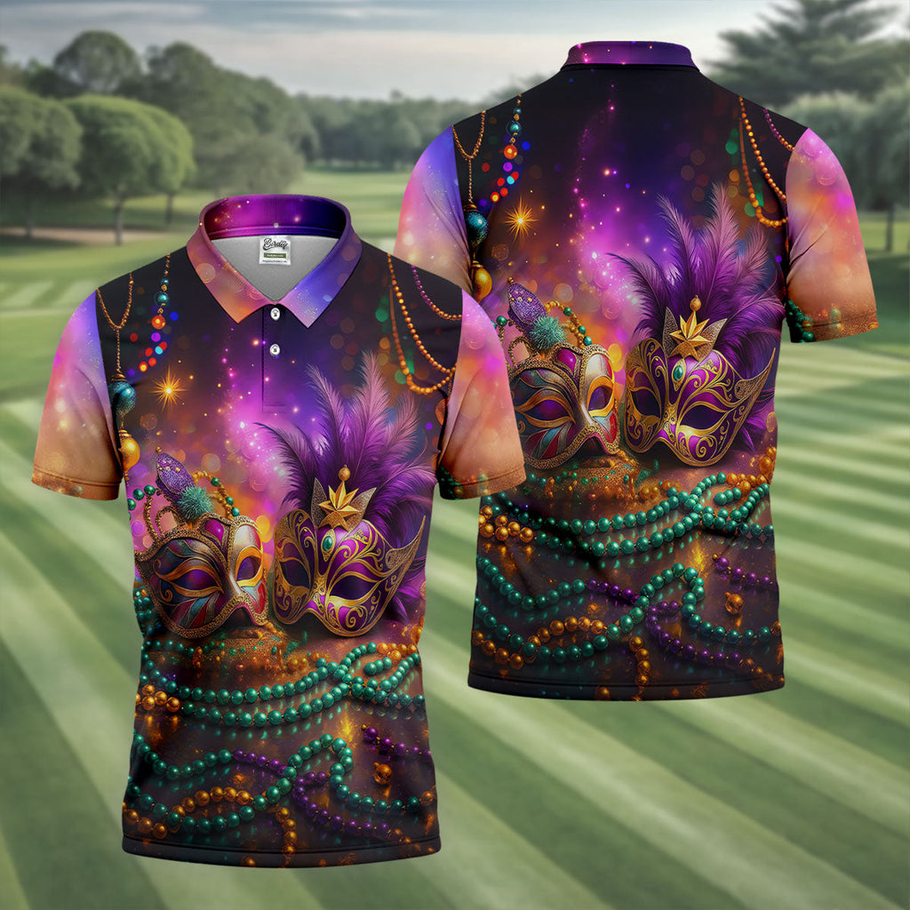 Carnival Mask Beads Chain Bokeh Effect Mardi Gras Golf Shirt, Polo Shirts For Men, Golf Shirts For Men