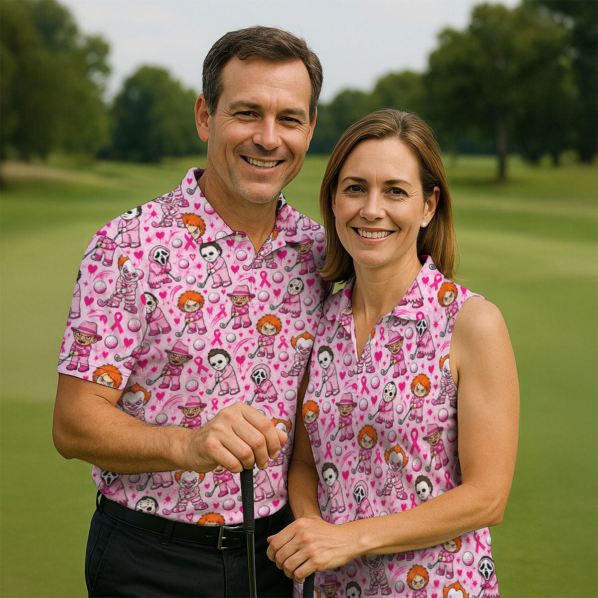 Halloween Horror Character Breast Cancer Polo Shirt, Mens Golf Shirts, Mens Golf Apparel