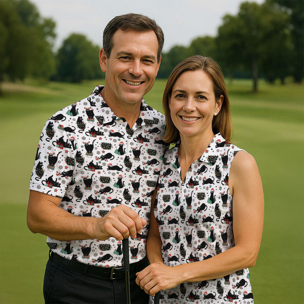 Xmas Black Cat Polo Shirts For Men, Christmas Golf Shirt, Golf Gift For Men, Christmas Golf Shirt