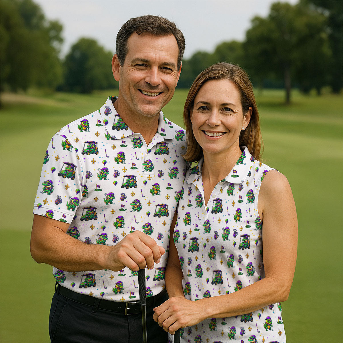 Funny Crocodile Golfing Mardi Gras Golf Shirts, White Golf Shirt, Golf Gift For Men, Golf Shirts For Men