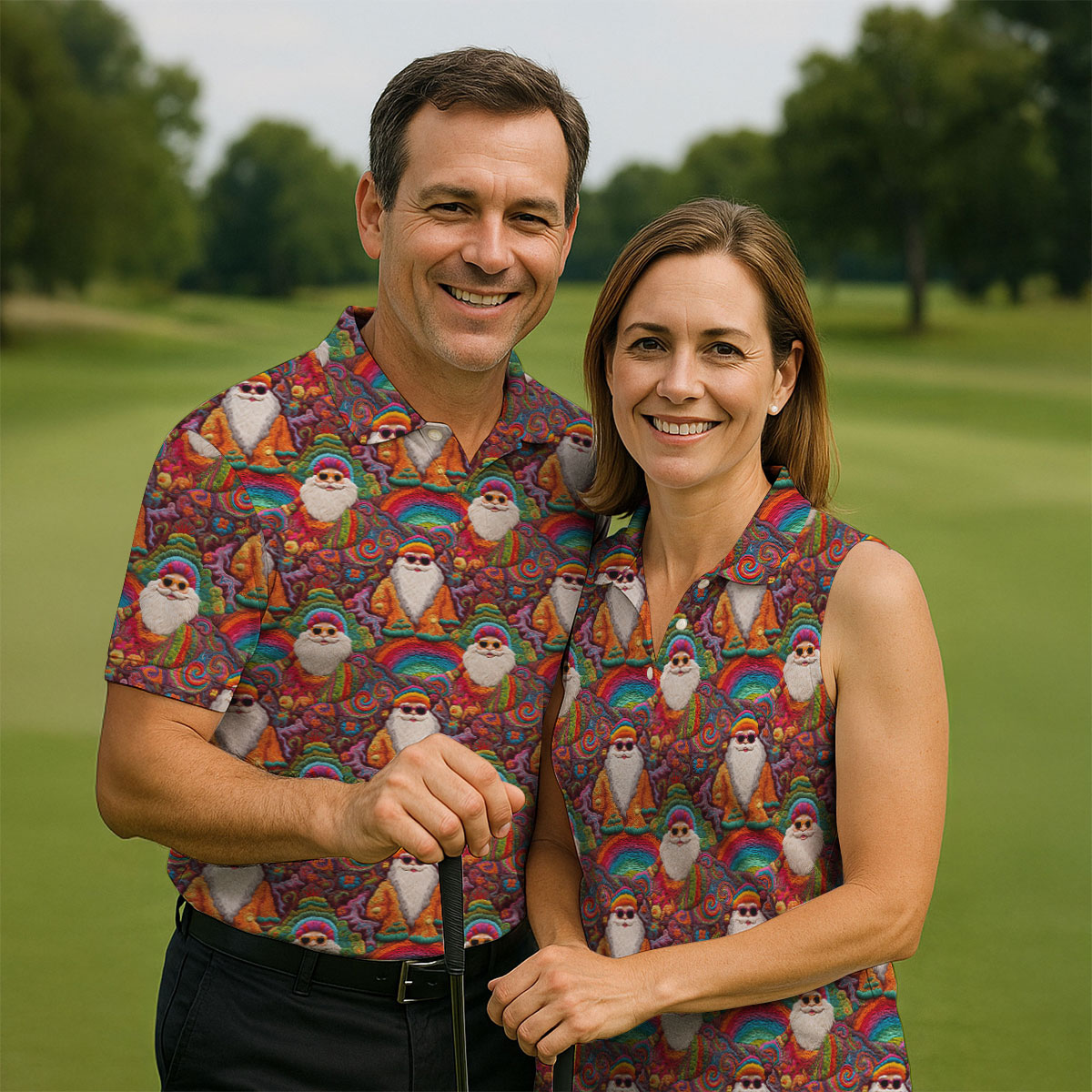 Groovy Hippie Santa Seamless Pattern Golf Shirts, Gifts For Golf Lovers, Christmas Golf Shirt, Golfing Apparel