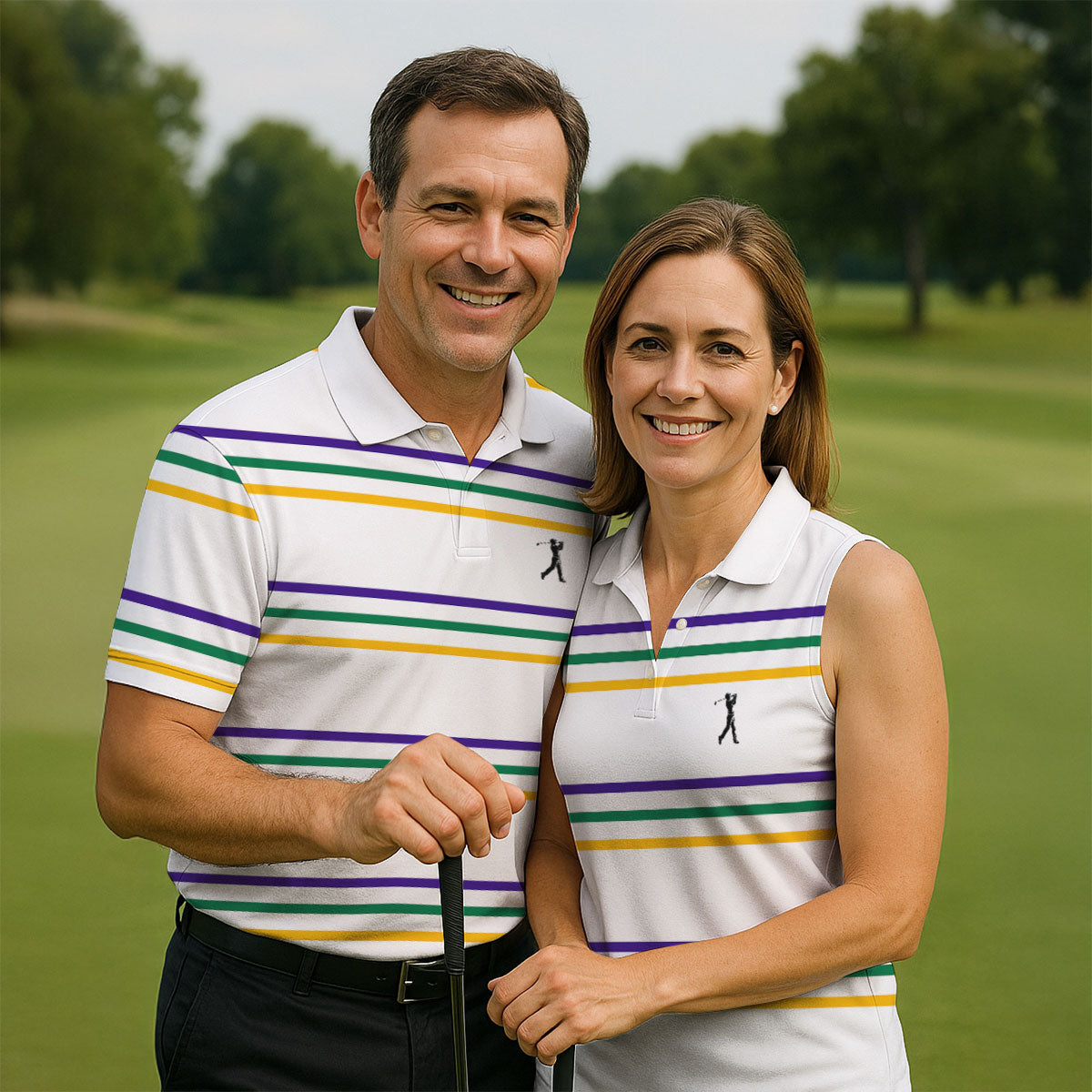 Mardi Gras Purple Green Gold Stripe Pattern Golf Tops For Men, Men's White Polo, Golf Shirts For Men