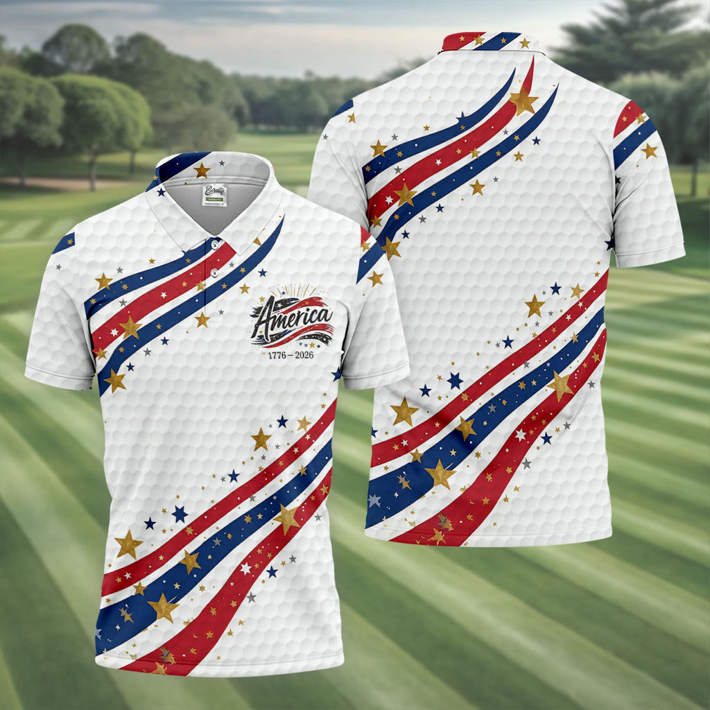 Red White Blue Wavy Stripes Golf Ball Pattern Patriotic Golf Shirt, 250th Anniversary Golf Shirts For Men