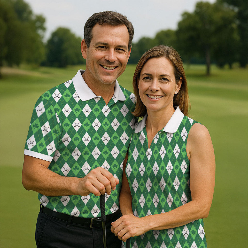 St Patrick's Day Shamrock Argyle Pattern Green And White Argyle Golf Shirt, Polo ShirtFor Men, Golf Shirts For Men