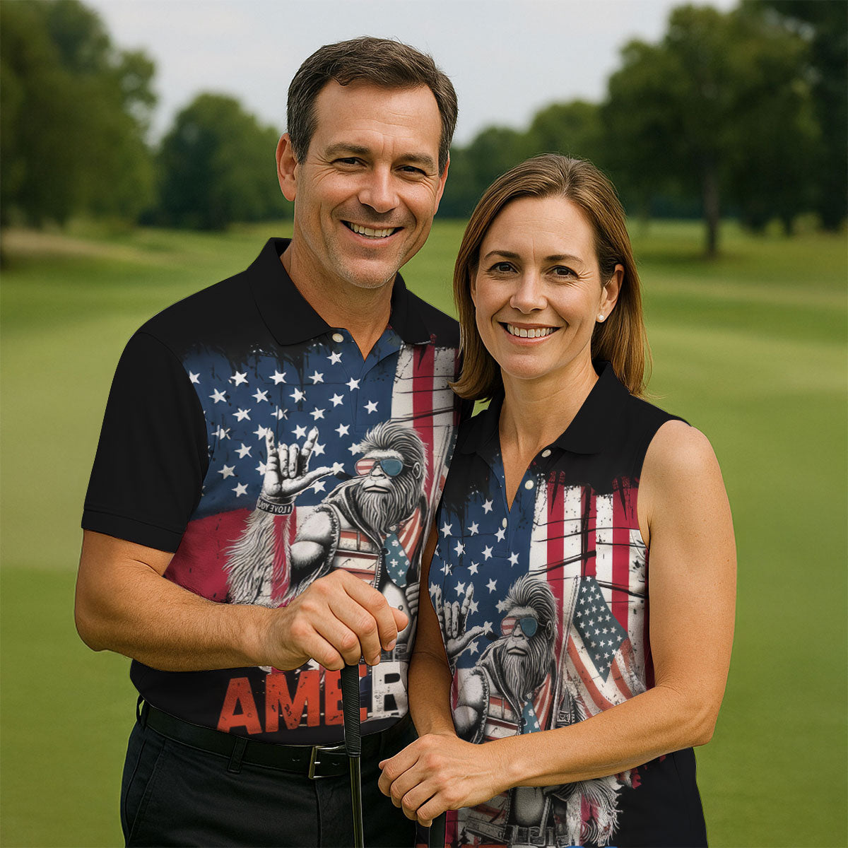 American Flag Bigfoot Patriot Black Hawaiian Golf Shirt, 250th Anniversary Tropical Vibe Men's Golf Shirt