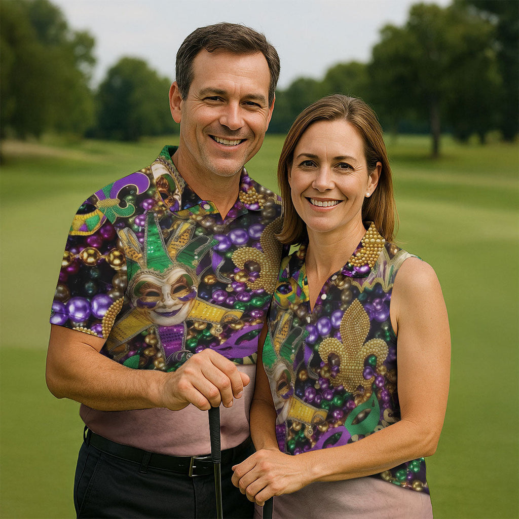 Mardi Gras Purple Green Gold Fleur De Lis Jester Mask Funny Tummy Golf Shirts For Men, Men's Funny Golf Shirts
