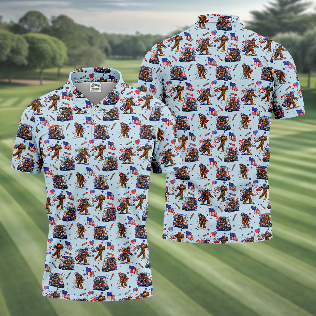 Funny Bigfoot 4th Of July American Flag Pattern Light Blue Golf Shirts For Men, 250th Anniversary Patriotic Golf Shirt