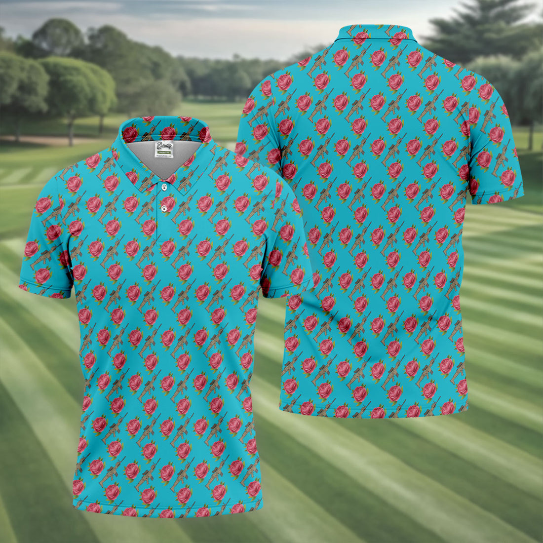 Gun And Rose Seamless Pattern Blue Golf Shirt, Golf Tops For Men, Golf Shirts For Men