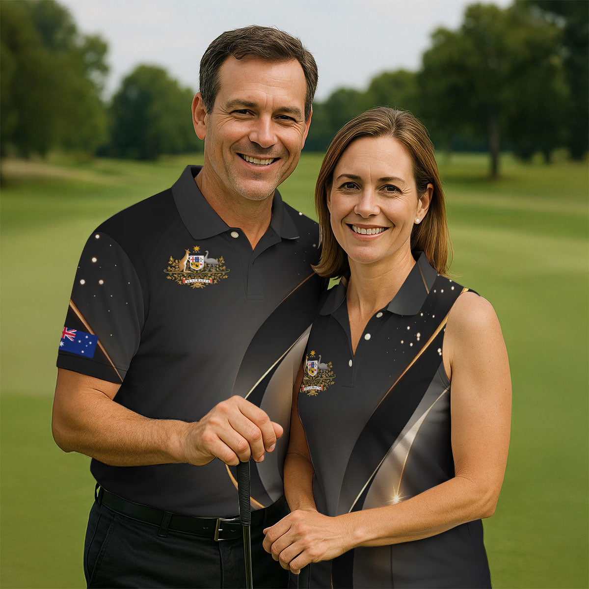 Australian Coat Of Arms Black And Gold Gradient Golf Tops For Men, Polo ShirtFor Men