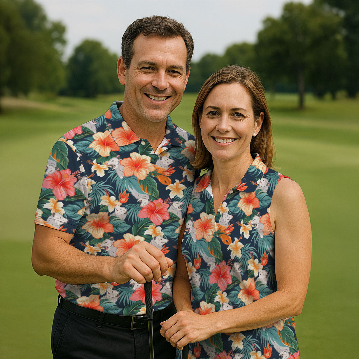 Large Hibiscus Flowers Tropical Vibe Golf Tops For Men, Hawaiian Golf Shirts, Polo Shirts For Men
