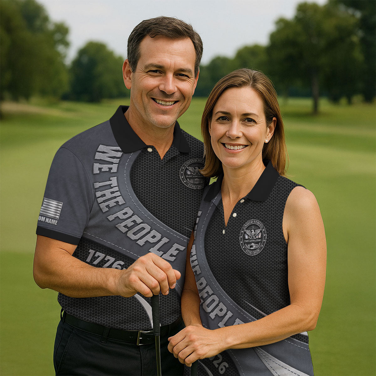 We The People US 250th Anniversary Hexagon Pattern Custom Golf Shirts, 4th Of July Patriotic Golf Shirts For Men