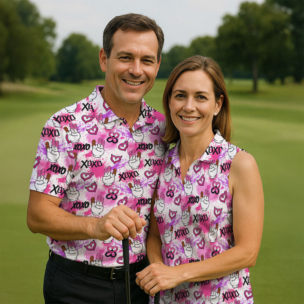 Chocolate Fingers Adult Humor XOXO Pink Splatter Fun Golf Shirts For Men, Valentines Golf Gift, Polo Shirts For Men