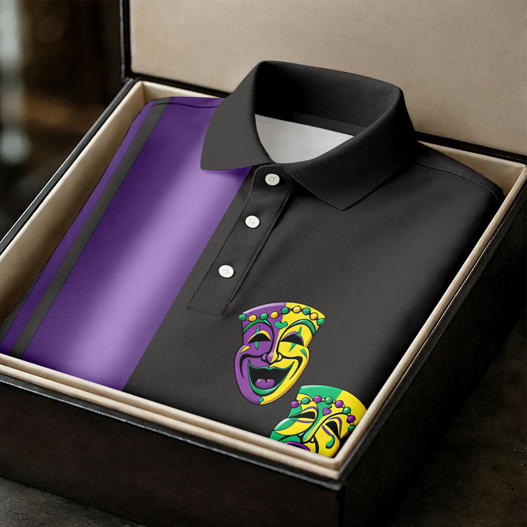 Melpomene And Thalia Theatrical Masks Purple Stripe Mardi Gras Golf Shirt, Polo Shirts For Men, Golf Shirts For Men