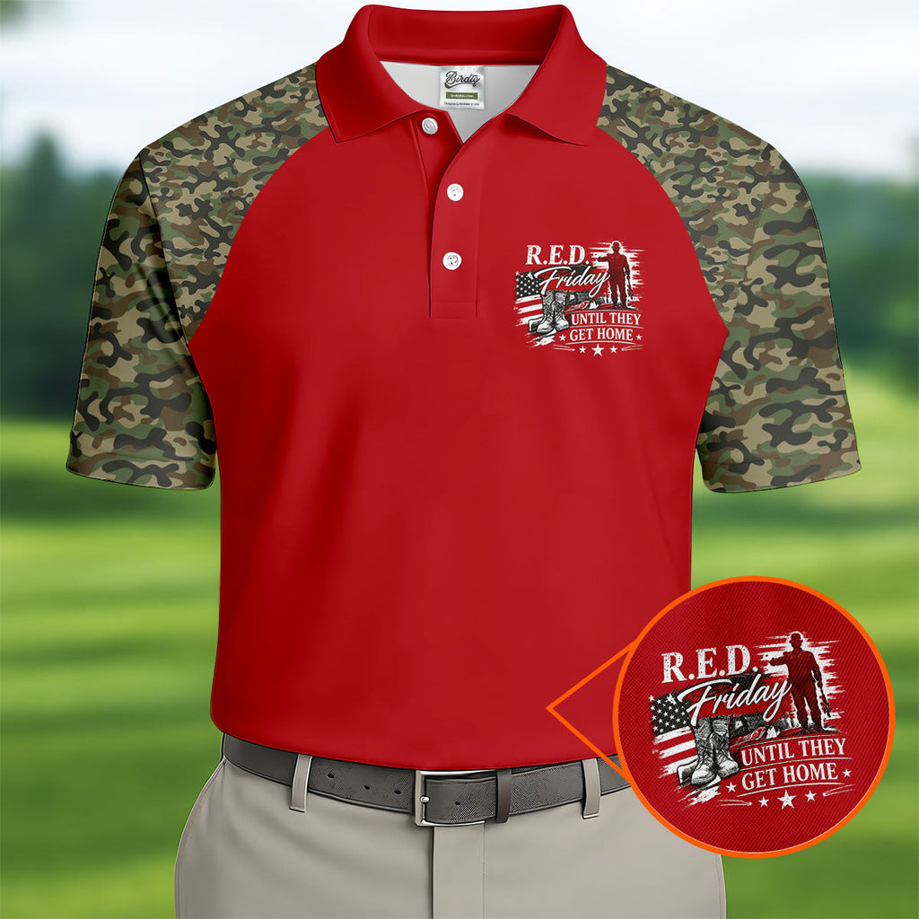 RED Friday Untill They Get Home Red Camo Golf Shirt, Veteran Memorial 250 Years Polo Shirts For Men