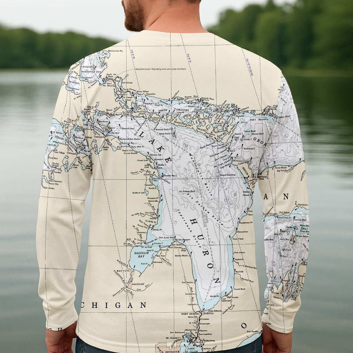Vintage Lake Huron Map UPF Shirt, Long Sleeve Fishing Shirt For Men, Fishing Sun Shirt