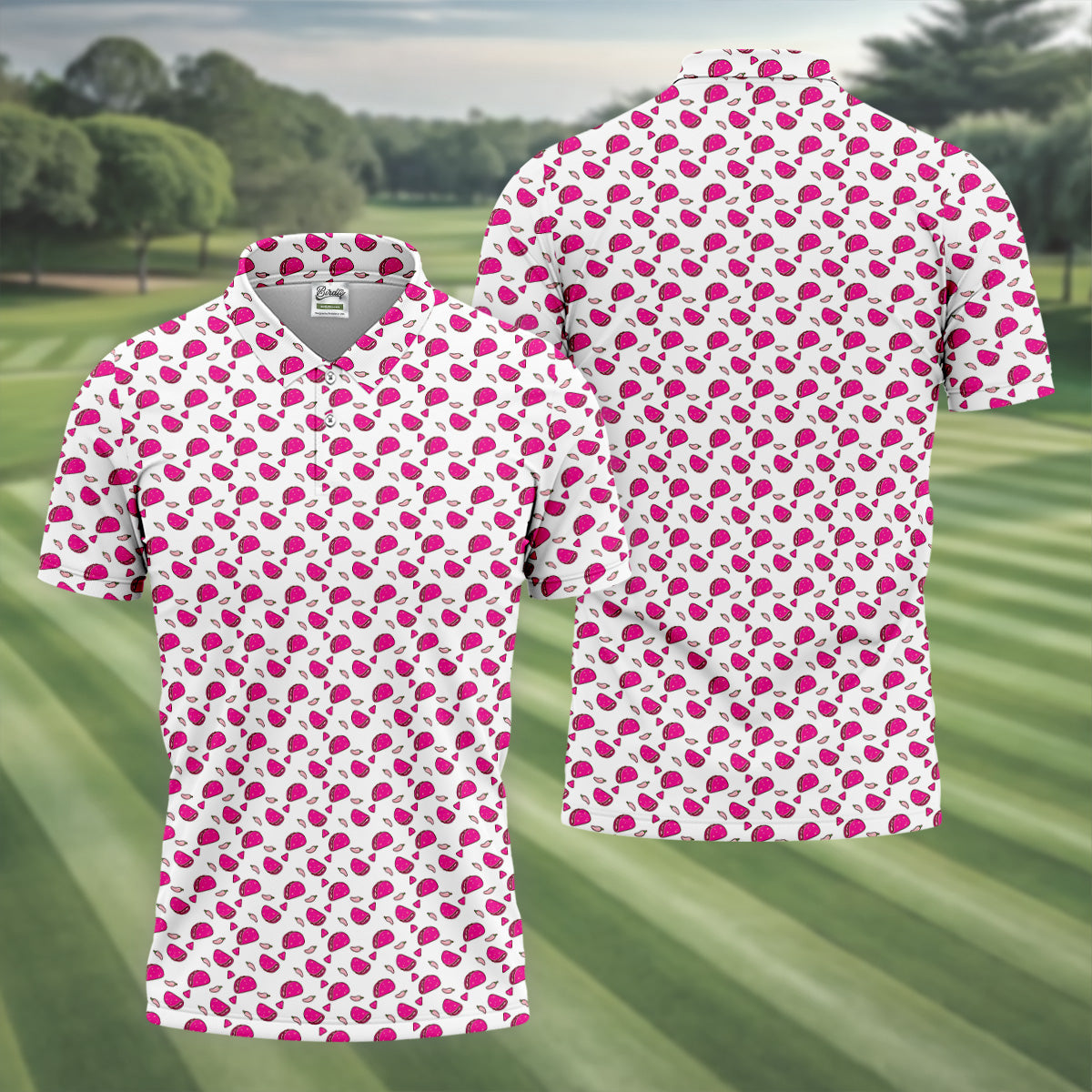 The Pink Taco Seamless Pattern White Golf Shirt, Golf Tops For Men, Tacos Lover Golf Gift For Men