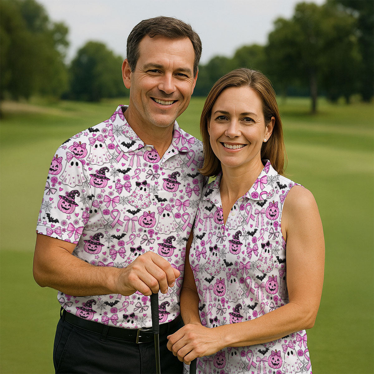 Pink Breast Cancer Witch Halloween Golf Polo Shirt, Womens Golf Polo, Golf Shirts For Women