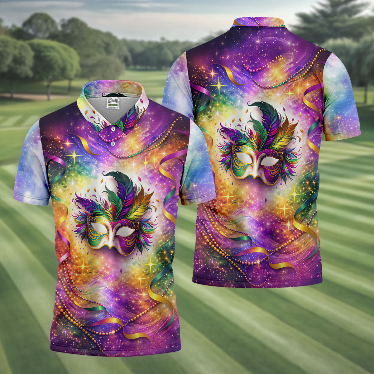 Carnival Mask Feather Print Purple Green Gold Dazzling Effect Mardi Gras Polo Shirts For Men, Golf Shirts For Men