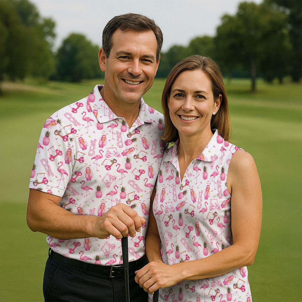 Funny Flamingo Pink Pineapple Tropical Vibe Golf Tops For Men, Men's Funny Golf Shirts, Polo Shirts For Men