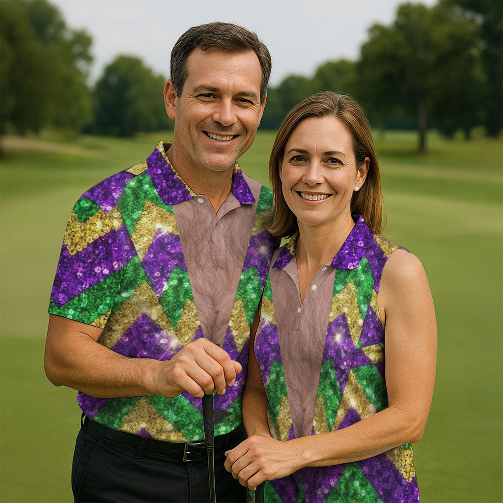 Mardi Gras Purple Green Gold Printed Sequin Zigzag Pattern Golf Shirts For Men, Men's Funny Golf Shirts