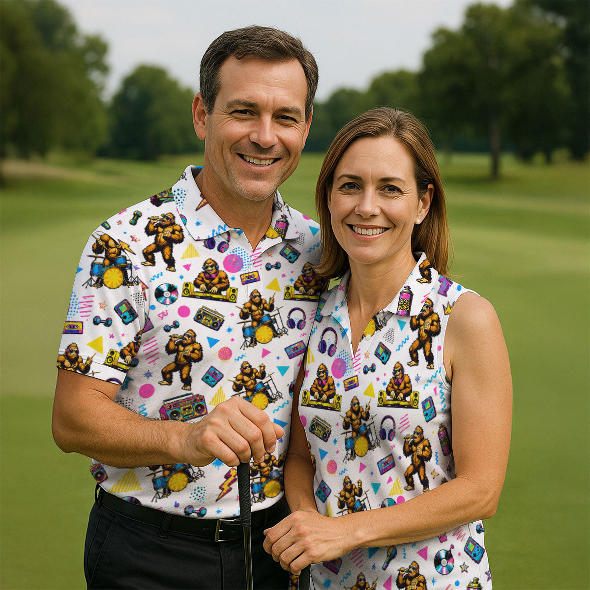 Bigfoot Party Memphis Pattern Retro Golf Shirt, Hawaiian Golf Shirt, Polo Shirts For Men